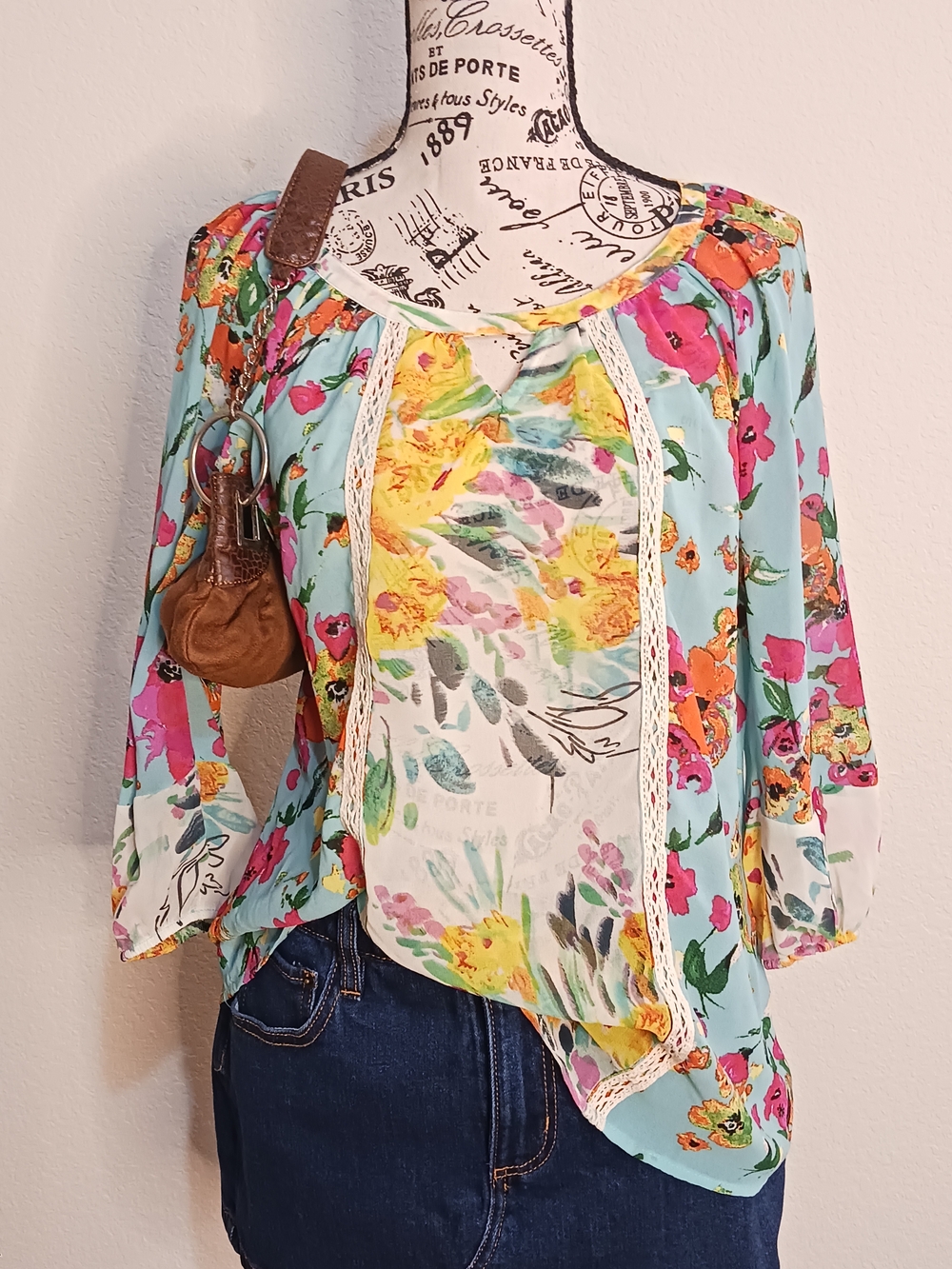 New Directions Boho Floral Peasant Fairy Top Blouse Lace Trim Sheer S